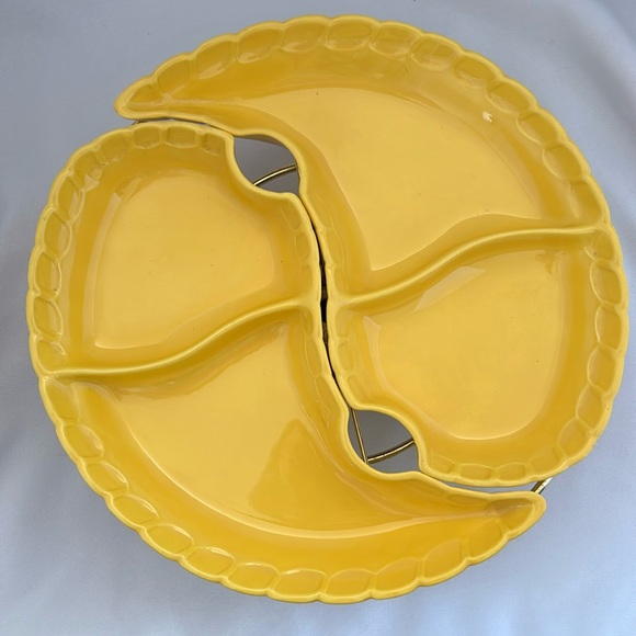 MCM 1950s MIRAMAR OF CALIFORNIA POTTERY Lazy Susan Relish Tray Brass Stand - Picture 1 of 6